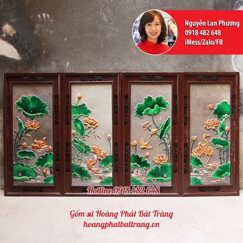 Tranh tứ quý hồ sen men ngọc 3D màu trầm kích thước 43x90cm - SP567