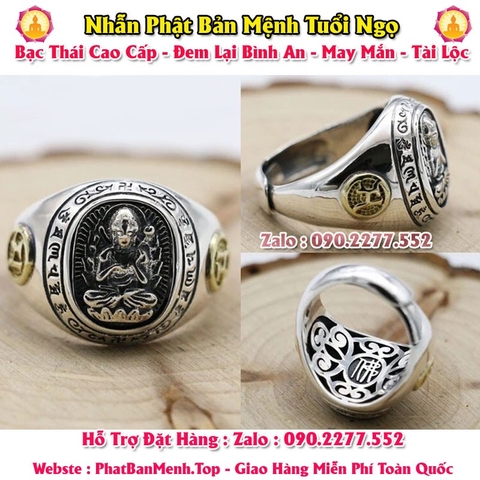 Nhẫn Phật Bản Mệnh Tuổi  Ngọ Bạc Thái (Mã MặtTròn 03)