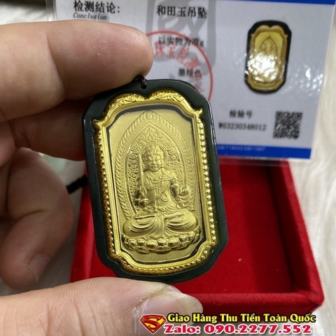 Phật Bản Mệnh Tuổi Ất Dậu 2005 Đá Ngọc Bích Đen Mạ Vàng ( Kèm Kiểm Định )