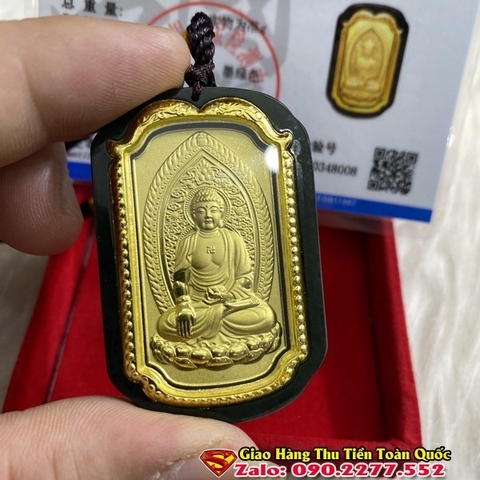 Phật Bản Mệnh Tuổi Ất Hợi 1995 Đá Ngọc Bích Đen Mạ Vàng ( Kèm Kiểm Định )