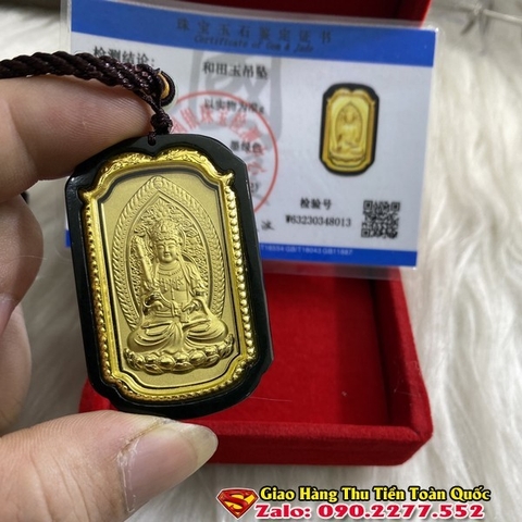 Phật Bản Mệnh Tuổi Đinh Mão 1987  Đá Ngọc Bích Đen Mạ Vàng ( Kèm Kiểm Định)