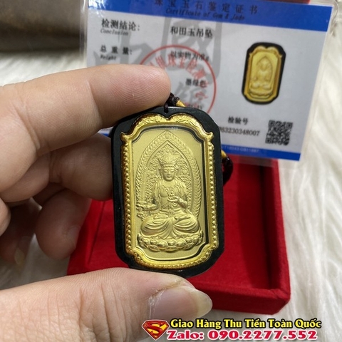 Phật Bản Mệnh Tuổi Giáp Dần 1974 Đá Ngọc Bích Đen Mạ Vàng ( Kèm Kiểm Định)