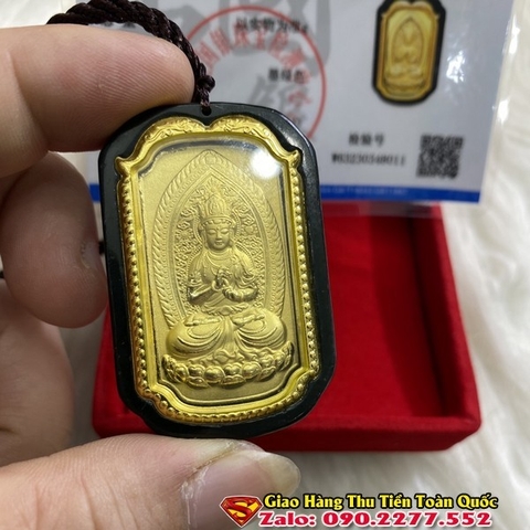 Phật Bản Mệnh Tuổi Kỷ Mùi 1979 Đá Ngọc Bích Đen Mạ Vàng ( Kèm Kiểm Định)