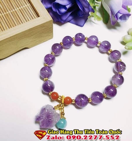 Vòng Tay Phong Thủy Mệnh Thổ Đá Thạch Anh Tím Mix Charm