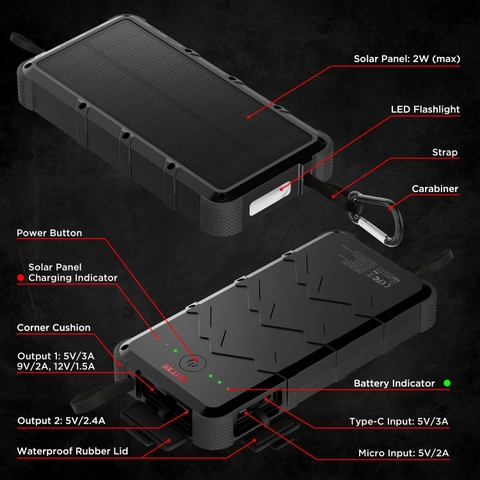 Pin dự phòng chuẩn quân đội OUTXE Waterproof Solar Power Bank 20000mAh with Flashlight