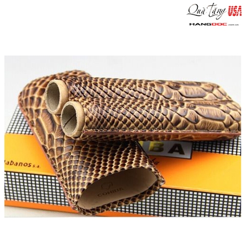 Ống đựng cigar Cohiba Rattlesnake Embossed Leather 2 Tube Cigar Case Travel Humidor