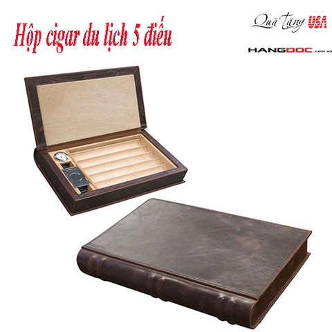 Hộp Cigar bằng da 5 điếu - Leather Book Travel Cigar Humidor - Color: Brown