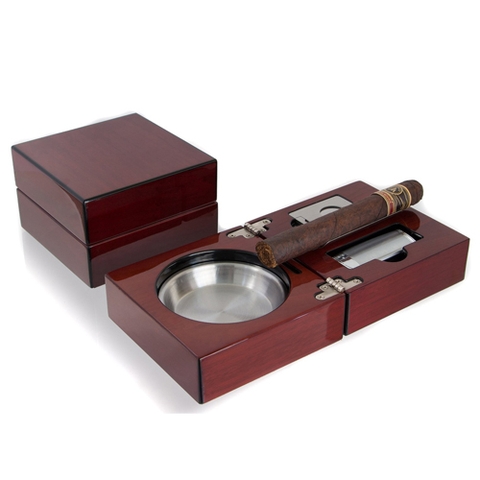 Bộ gạt tàn, bật lửa, dao cắt xì gà Mantello Folding Wood Cigar Ashtray Set Cherry Wood with Lighter and Cutter