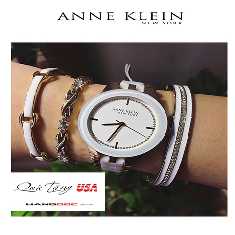 Anne Klein Womens Gold Tone Ceramic Watch & 3 Bracelet Set