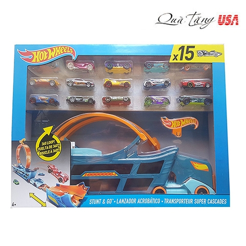 Bộ xe đồ chơi hot wheels 15 xe và bộ cầu trượt Hot Wheels Stunt & Go Track Set With 15 Cars