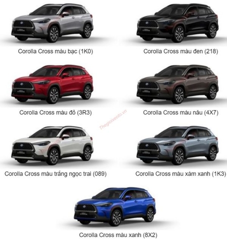 Màu xe Toyota Corolla Cross 2023 có 7 màu: Đen, bạc, nâu, trắng, đỏ, xanh, xám.!