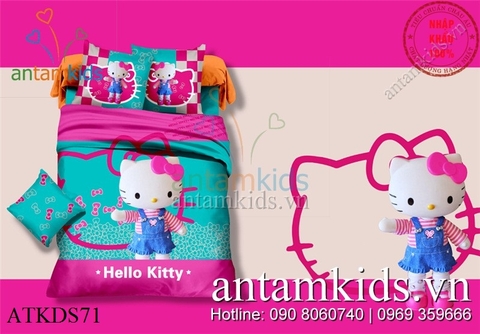 Bộ chăn ga gối Hello Kitty 3D váy xanh xinh yêu cho bé gái ATKDS71