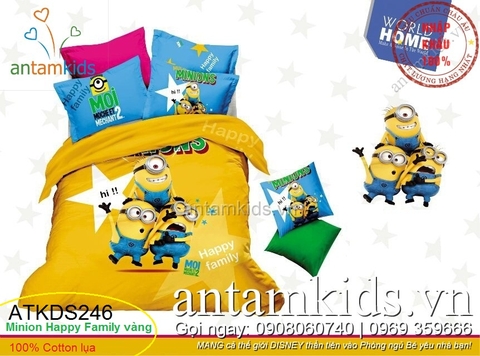 Chăn ga gối đệm hình Minion Happy Family vàng siêu dễ thương ATKDS246