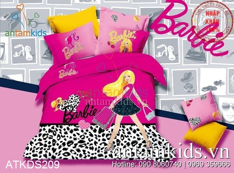 Chăn ga gối Công chúa Barbie shopping da báo hồng sành điệu ATKDS209