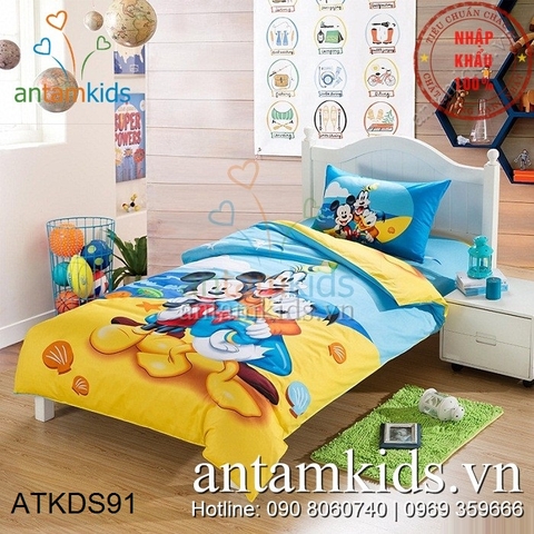 Chăn ga gối Mickey và Donal xanh vàng đáng yêu cho trẻ em ATKDS91