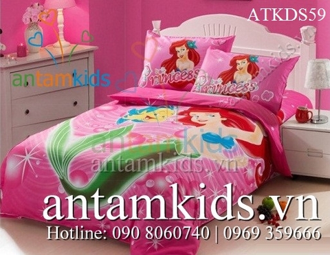 Bộ chăn drap gối nàng Tiên cá sắc hồng dễ thương cho bé gái ATKDS59