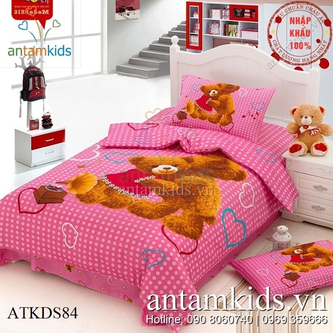 Chăn ga gối hình gấu Teddy Misa chấm bi hồng xinh cho bé gái ATKDS84