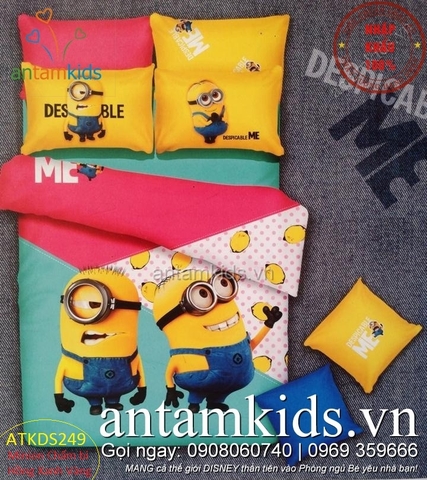 Chăn ga gối hình Minion Hồng Xanh Vàng, siêu dễ thương cho bé gái ATKDS249