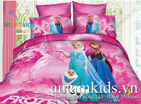 Chăn ga gối Công chúa Băng giá Frozen Anna Elsa 5D hồng xinh cho bé gái ATKDS64