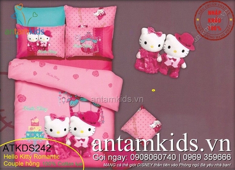Chăn ga gối in hình Hello Kitty Fashion Romantic Couple hồng ATKDS242