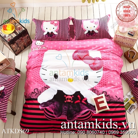 Chăn ga gối đệm Hello Kitty 3D hồng xinh cực yêu cho bé gái ATKDS69