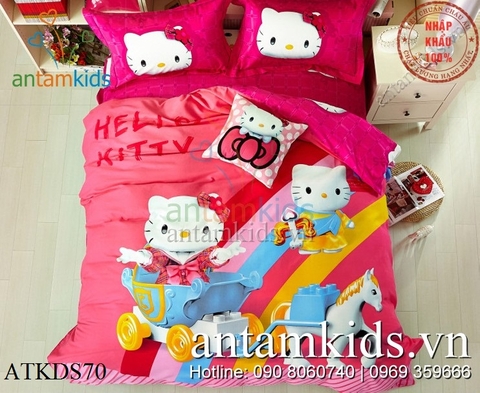 Chăn ga gối hình Hello Kitty xe Ngựa 3D đẹp xinh cho bé gái ATKDS70