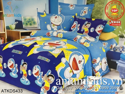 Bộ Chăn ga gối Doremon Nobita xanh vàng - vui nhộn, dễ thương cho bé yêu ATKDS433