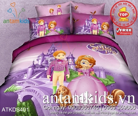 Chăn ga gối Công chúa Sofia the First xinh đẹp, sắc tím mộng mơ bên lâu đài huyền diệu ATKDS401