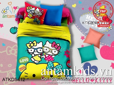 Bộ Chăn drap gối Hello Kitty màu xanh ngọc, ngọt ngào siêu xinh cho bé gái ATKDS412