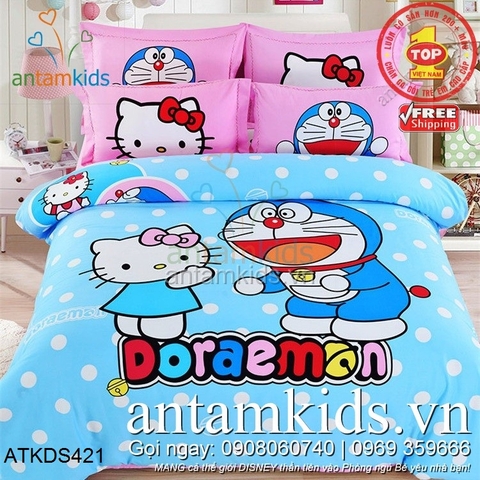 Chăn ga gối Doremon & Hello Kitty màu xanh thiên thanh, cho bé yêu giấc mơ diệu kỳ ATKDS421