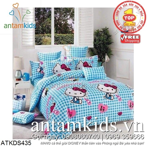 Chăn ga gối Hello Kitty xanh caro - siêu đáng yêu cho bé gái ATKDS435