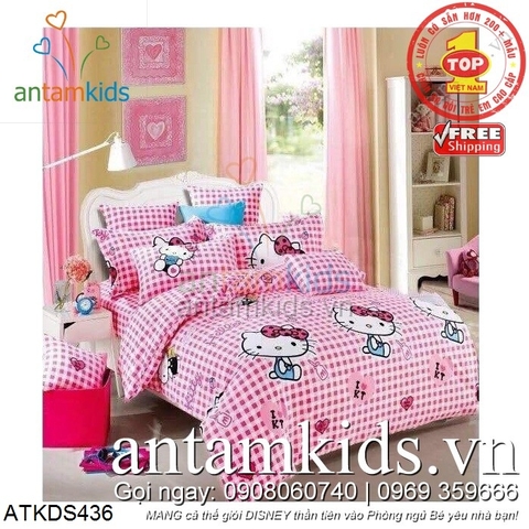 Chăn ga gối Hello Kitty hồng caro - siêu xinh cho bé gái ATKDS436