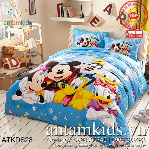 Bộ Chăn ga gối Disney Mickey, Minnie, Donal và các bạn siêu dễ thương ATKDS28