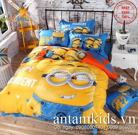 Chăn ga gối Minion Happy Moment vàng cam 3D, cực ngộ nghĩnh đáng yêu cho bé ATKDS247