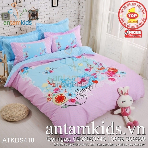 Chăn ga gối Nón Happy hồng họa tiết dễ thương cho bé gái tuổi teen ATKDS418