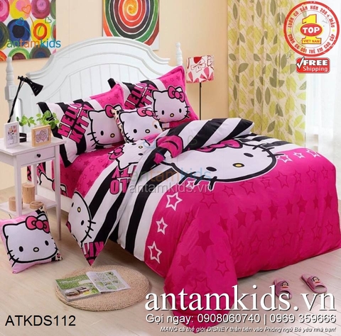 Bộ Chăn ga gối Hello Kitty ngôi sao hồng đen siêu xinh cho bé gái ATKDS112