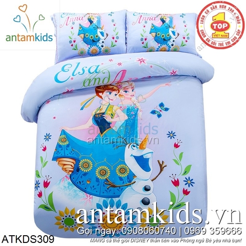 Chăn ga gối đệm hình Nữ hoàng băng giá Frozen Elsa Anna xanh dịu đẹp kiêu sa cho bé gái ATKDS309