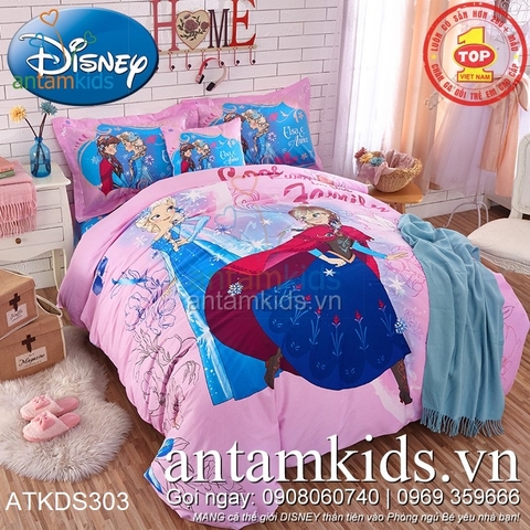 Chăn ga gối trẻ em đẹp hình 3D Frozen Anna Elsa Công chúa băng giá hồng nhạt siêu xinh ATKDS303