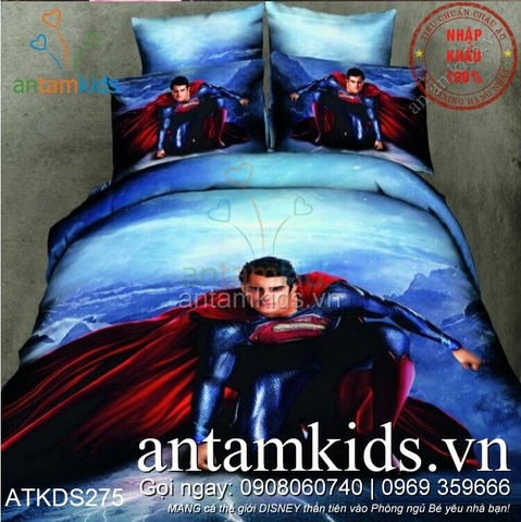 Chăn ga gối cho bé trai in hình Siêu nhân Superman 3D xanh đỏ ATKDS275