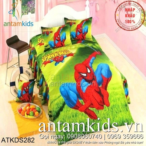 Chăn ga gối nhập khẩu hình Người nhện SpiderMan nhanh trí xanh lá đỏ cho bé trai ATKDS282