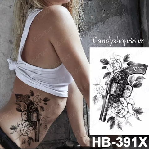 Hình xăm dán tattoo Súng và hoa hồng HB-391X