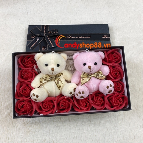 Set hộp quà hoa hồng sáp thơm 12 bông & cặp gấu bông