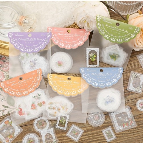 Sticker PET họa tiết hoa viền ren trắng xinh yêu - Set 30 hình dán