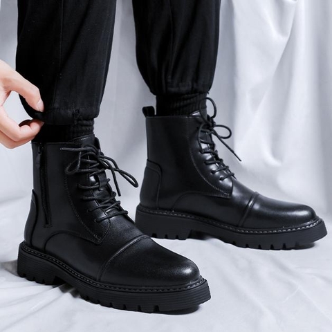 Giày Boot Nam khóa kéo màu đen, cổ cao, dây buộc, đế dày phong cách GN487