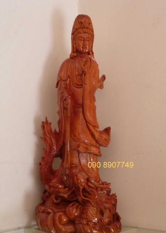Phật Bà Quan Âm Cưỡi Rồng (gỗ xà cừ, cao 70cm - PQA111)