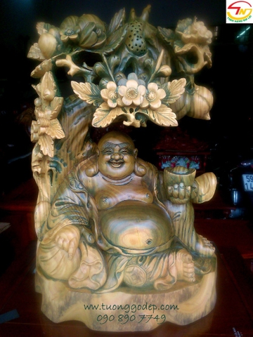 Phật Di Lặc ngồi cây đào, gỗ đổi màu (PL358)