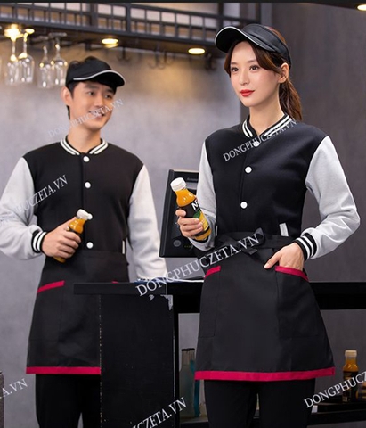 Áo khoác nỉ đồng phục nhà hàng mùa đông cho nhân viên phục vụ màu đen phối trắng