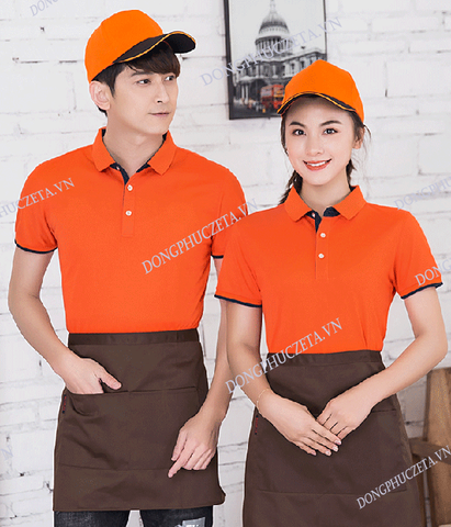 Áo phông đồng phục cafe màu da cam có cổ cộc tay cho nhân viên phục vụ bàn