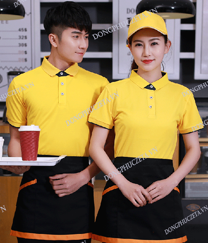 Đồng phục áo phông quán cafe màu vàng có cổ cộc tay cho nhân viên phục vụ bàn