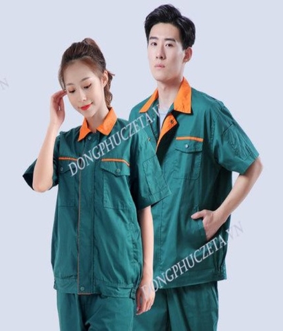 Đồng phục bảo hộ lao động nhà máy, cơ khí cộc tay mùa hè màu xanh lá cây